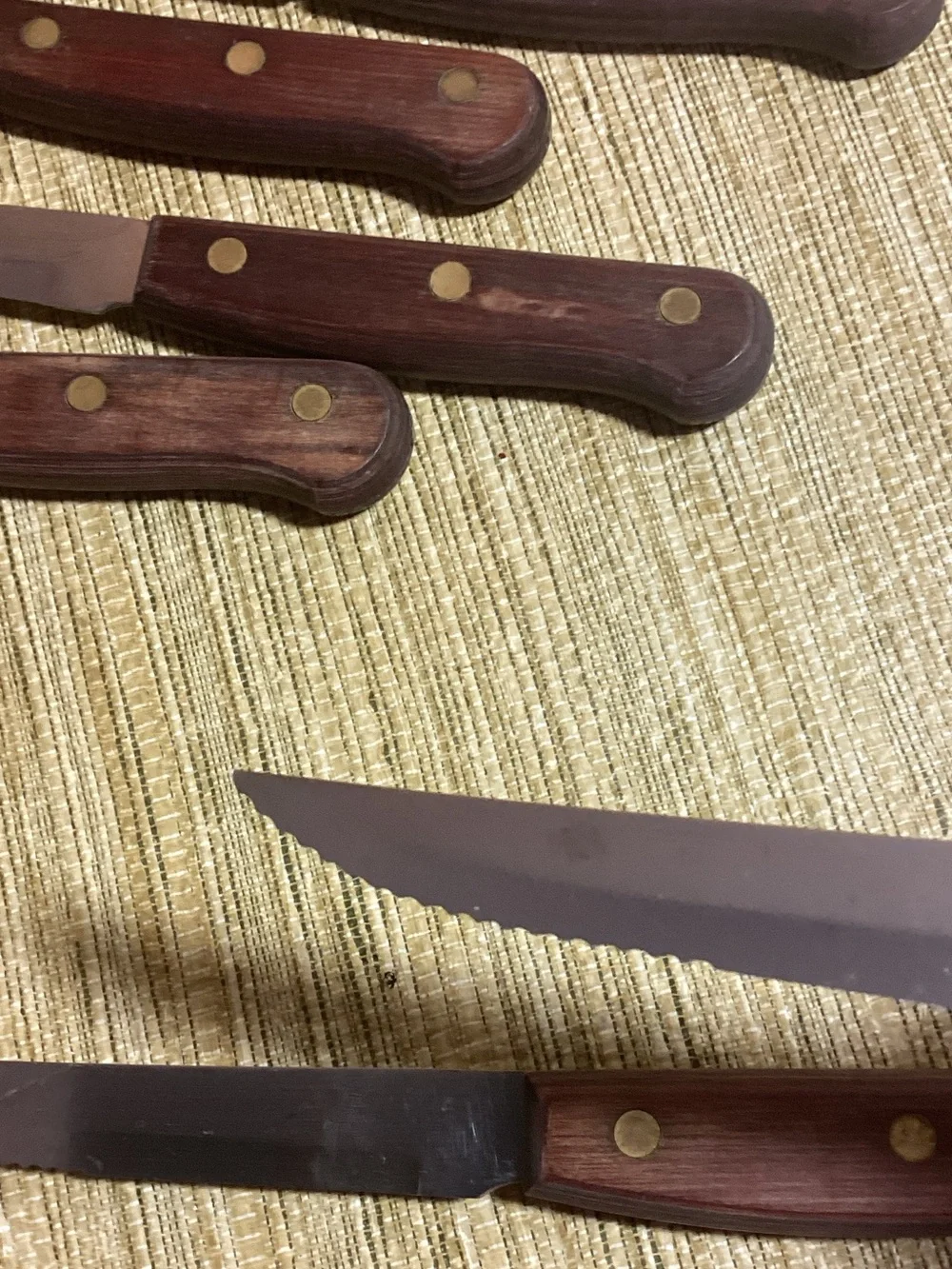 Vintage Serrated Brass & Wood Handle Steak Knife Set of 6